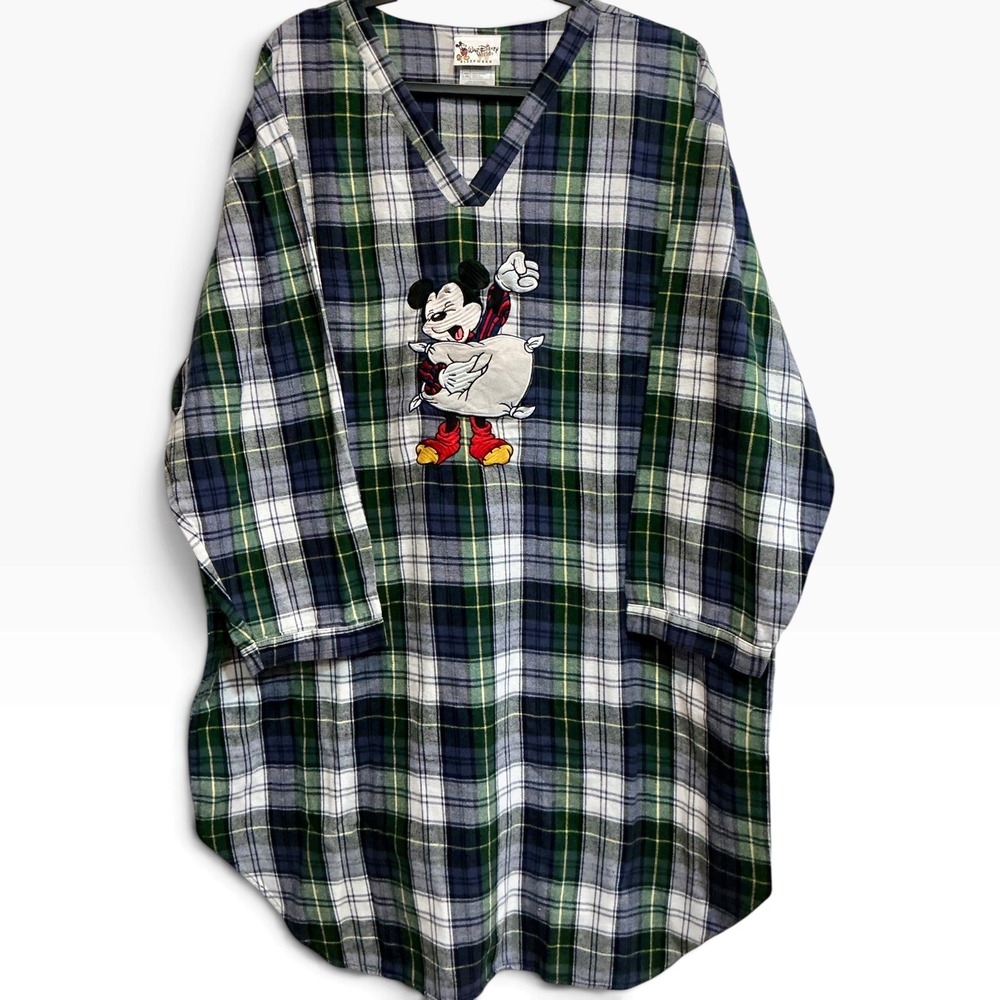 Walt Disney World Vintage Mickey Mouse Plaid Flannel Nightgown Sleep Shirt L XL